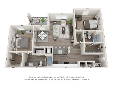 Floor plan for 2 beds, 2 baths, 1090 sqft